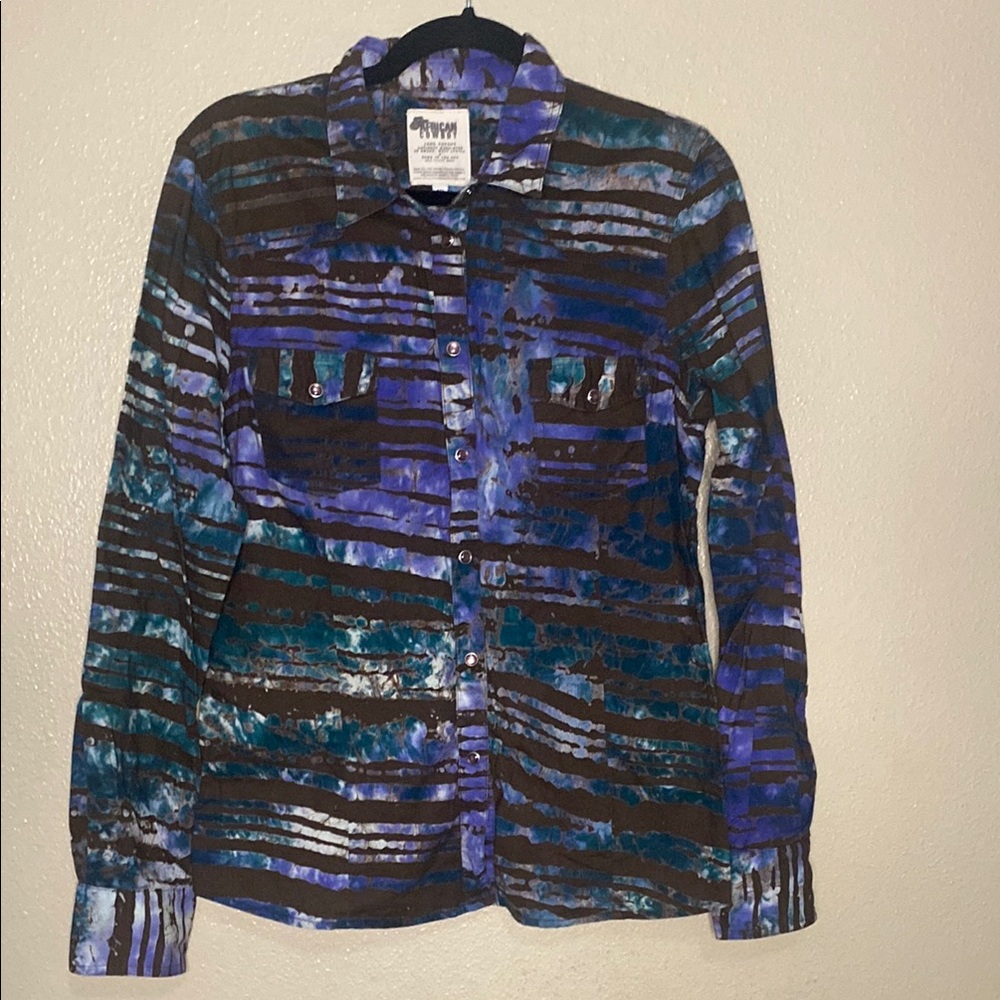 African Cowboy Blue Button Down Shirt with Notched Collar Artistic Pattern sz 12